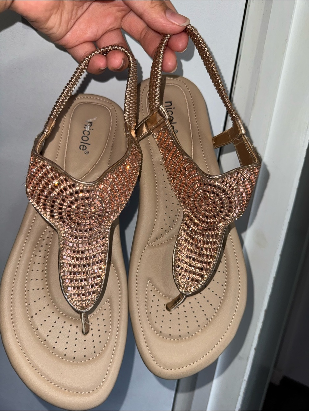 Nicole Rose Gold Rhinestone T-Strap Sandals